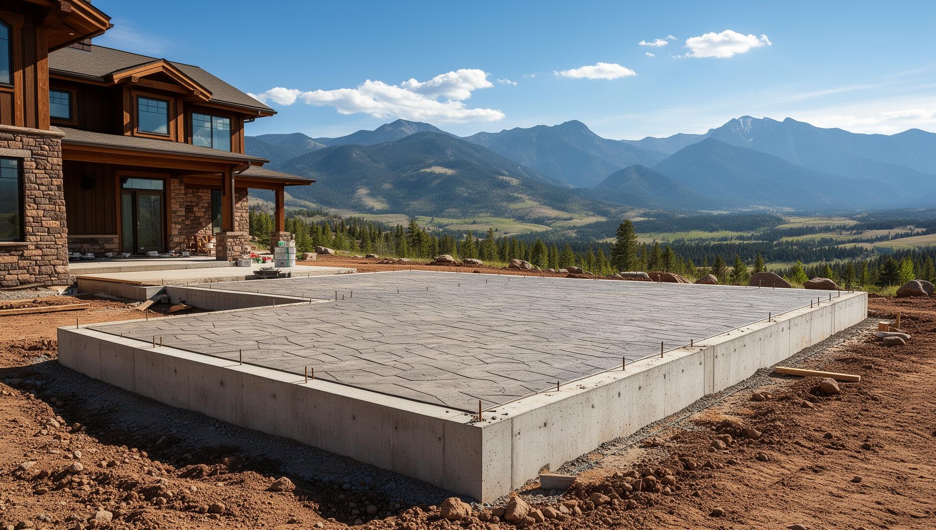Stamped concrete foundation and patio work for mountain home with Colorado mountain views