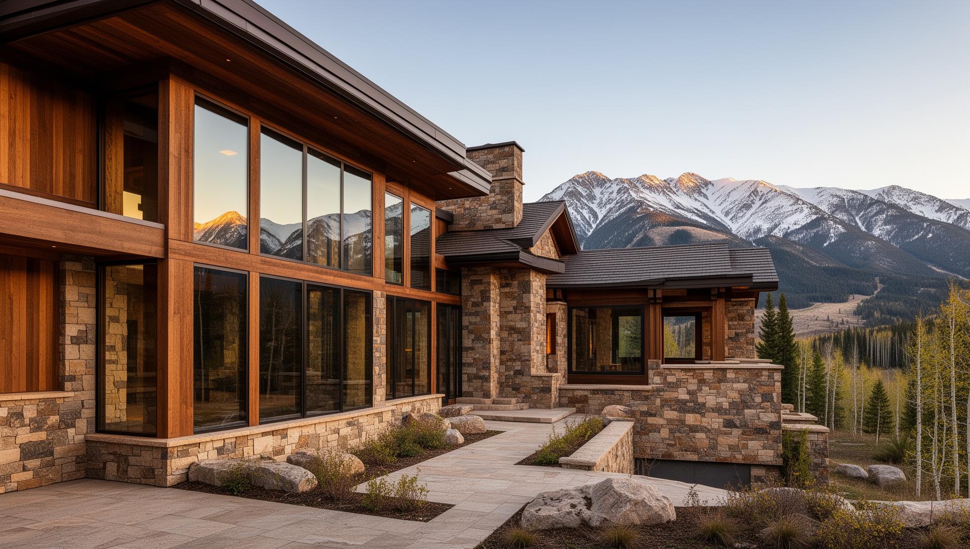 Luxury custom mountain estate with stone and timber exterior in the Roaring Fork Valley