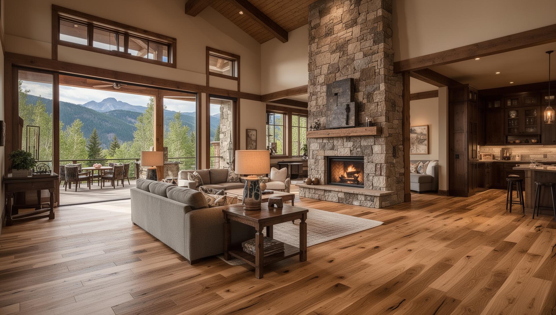 Wide plank hardwood flooring in luxury mountain home with stone fireplace and open floor plan