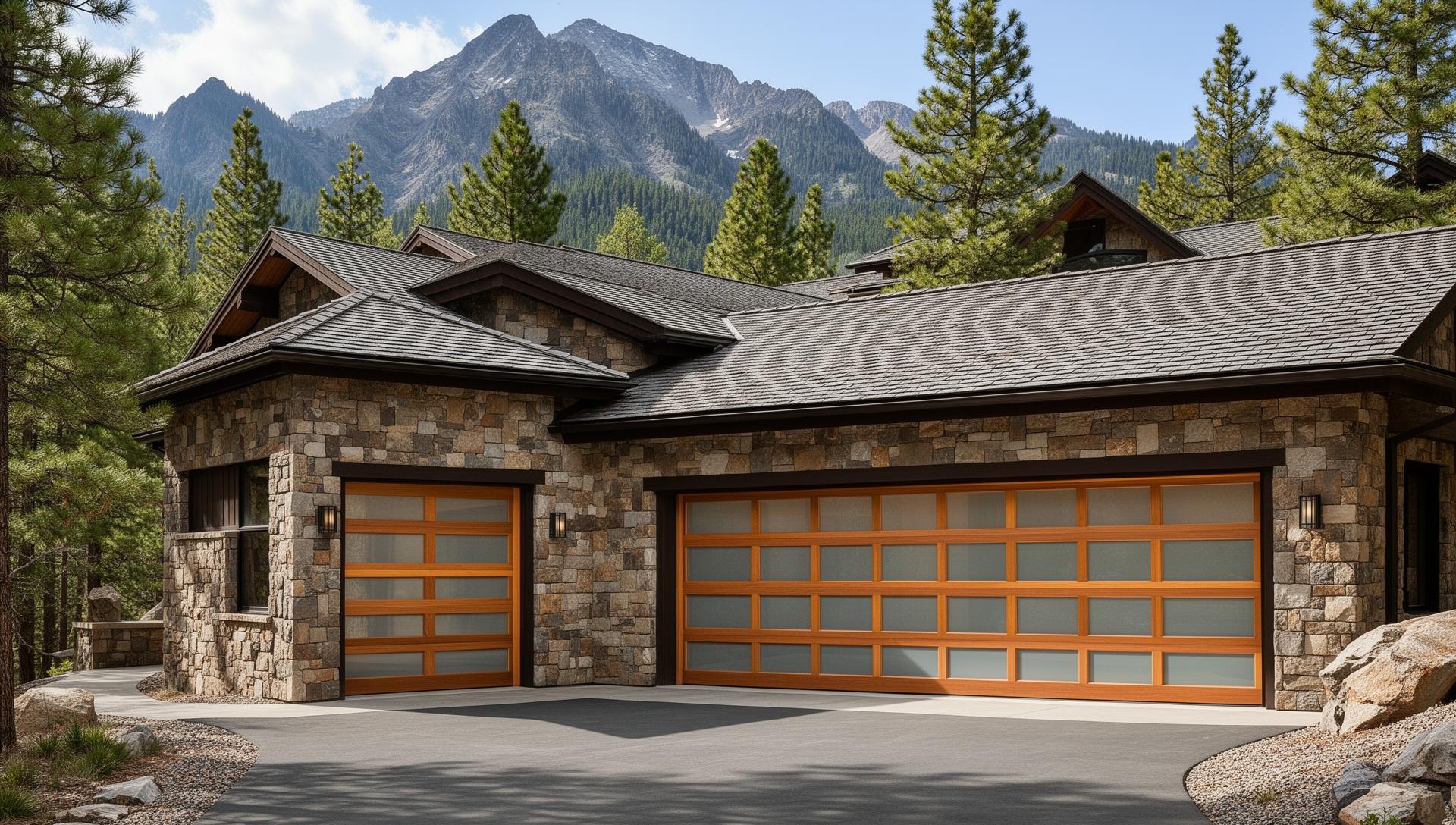 Custom wood and glass garage doors on luxury mountain home with stone exterior and mountain setting