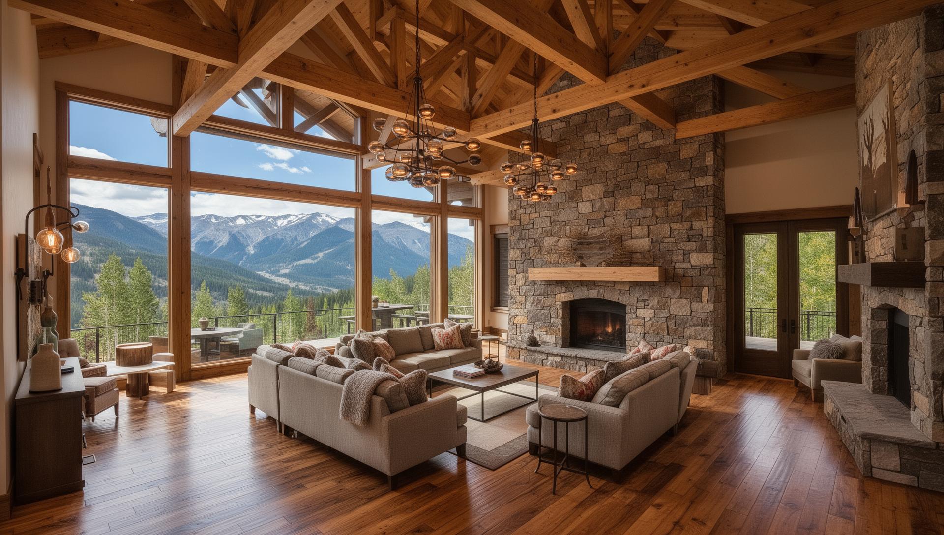 Luxury mountain home great room with exposed timber trusses, stone fireplace, and mountain views