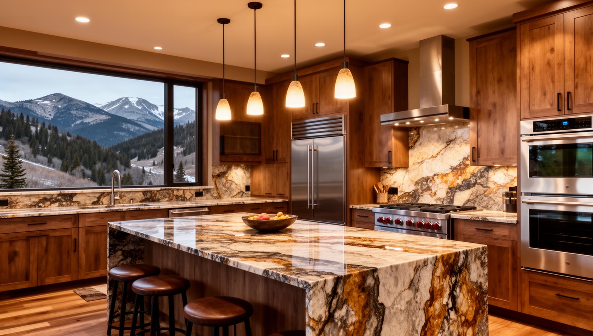 Luxury kitchen remodel with stone countertops and mountain views