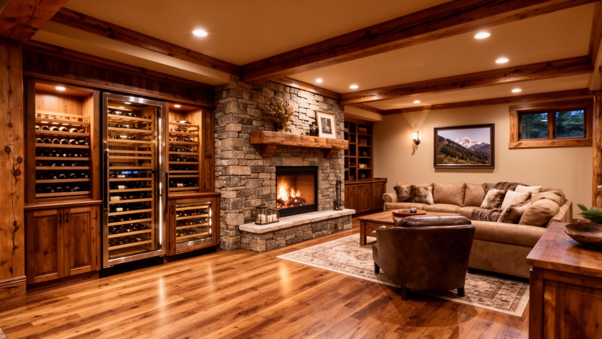 Luxury finished basement with wine cellar and stone fireplace in an Aspen mountain home