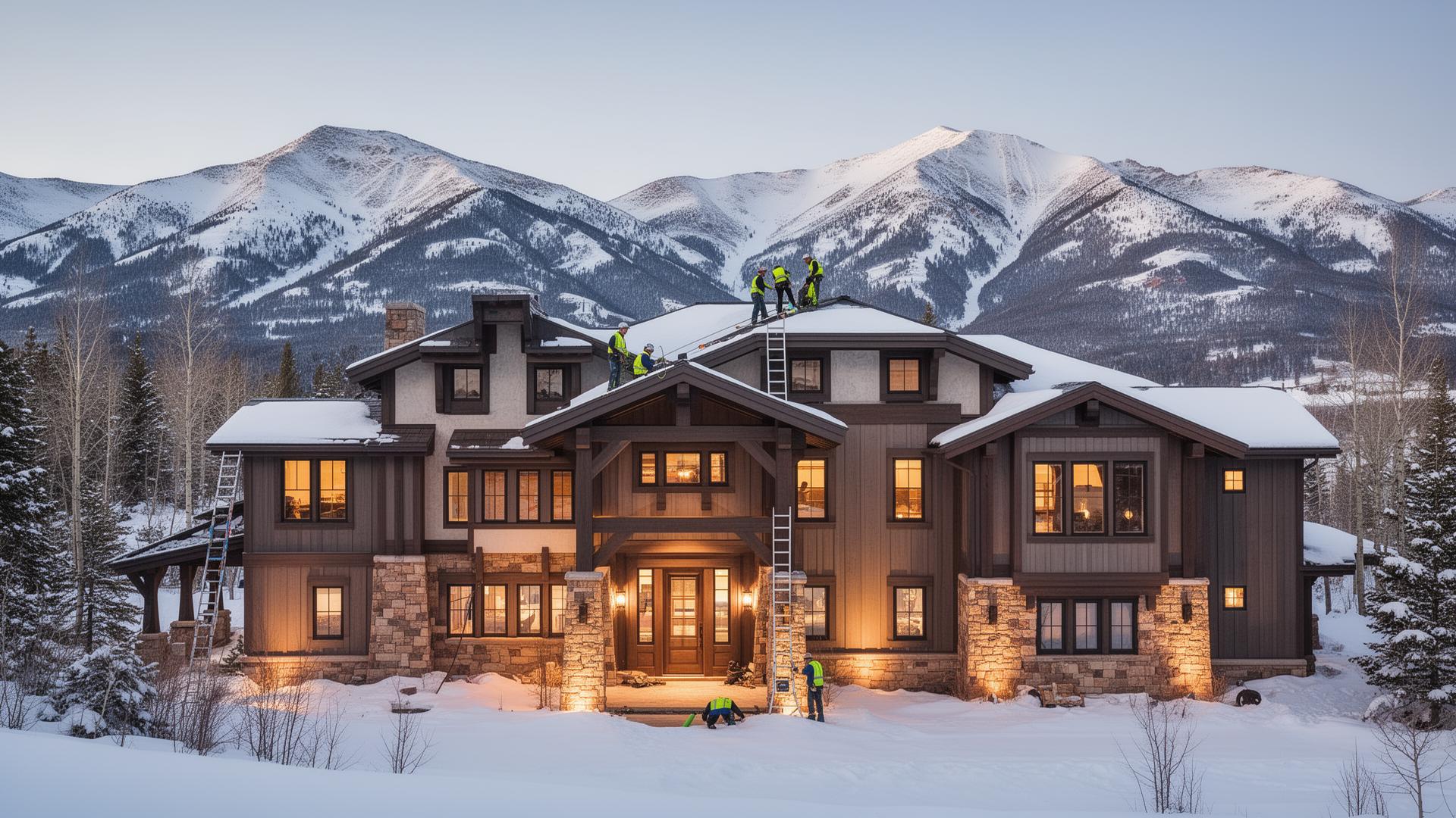 Professional home maintenance crew inspecting a luxury mountain estate in Colorado