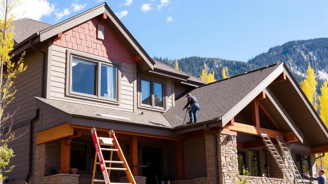 Siding installation on a luxury mountain home in Aspen Colorado with mountain backdrop