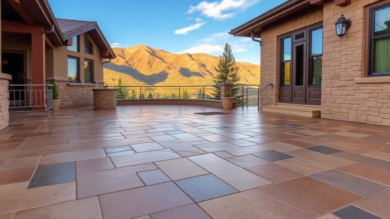 Stamped decorative concrete patio on a luxury mountain home in Glenwood Springs Colorado