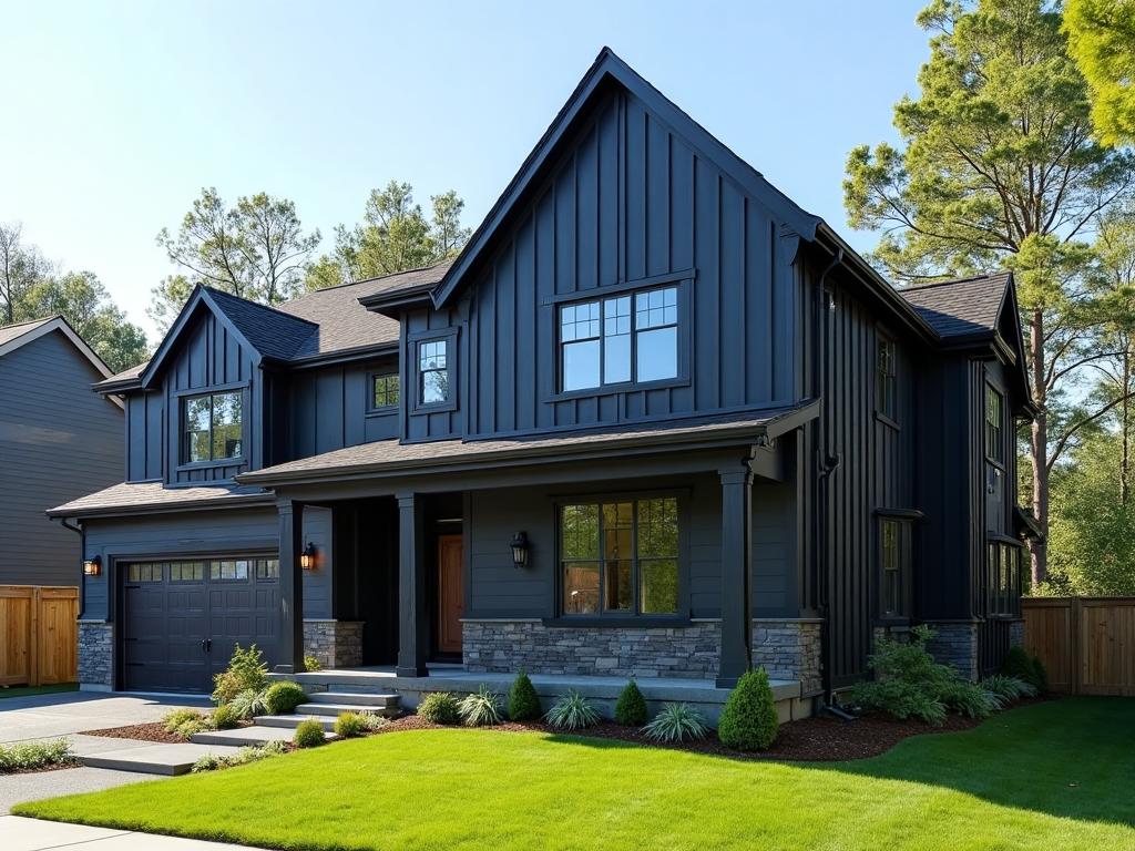 New house exterior with modern dark board and batten vertical siding installation, suburban home with landscaping and attached garage.